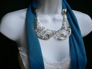 Royal Blue Scarf Necklace Silver Metal Flowers Collar Pendant Women Jewelry