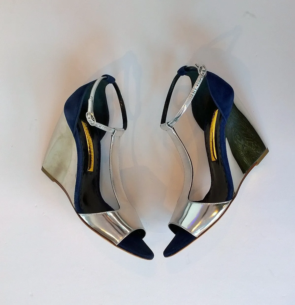 Rupert Sanderson Silver Navy June Wedge Sandals