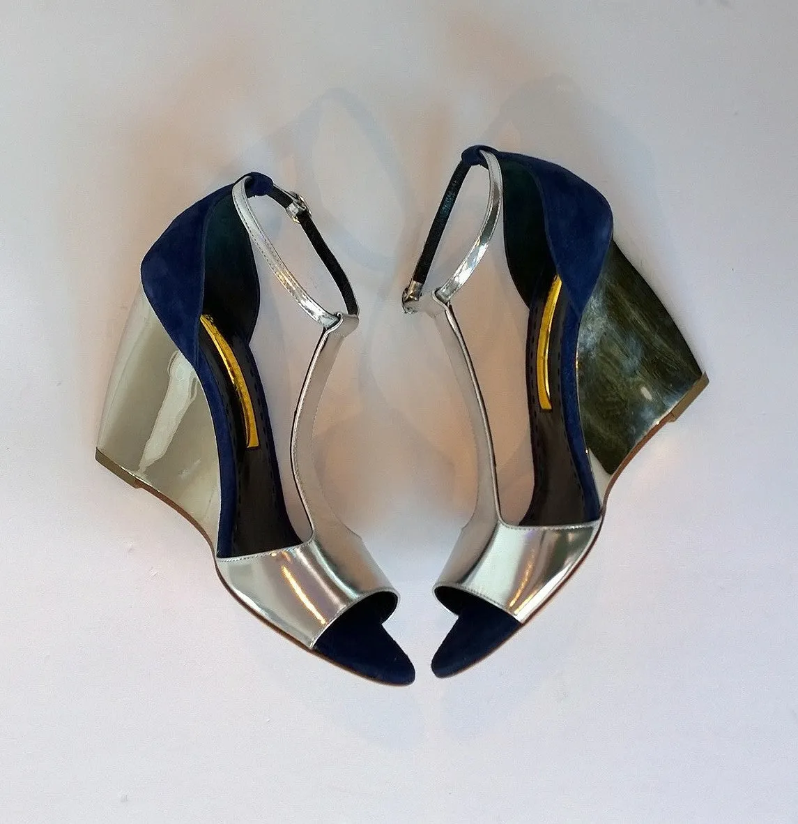 Rupert Sanderson Silver Navy June Wedge Sandals