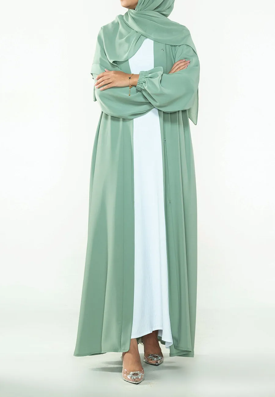 Sage Green Plain Open Abaya With Elasticated Cuff Sleeves (Premium)