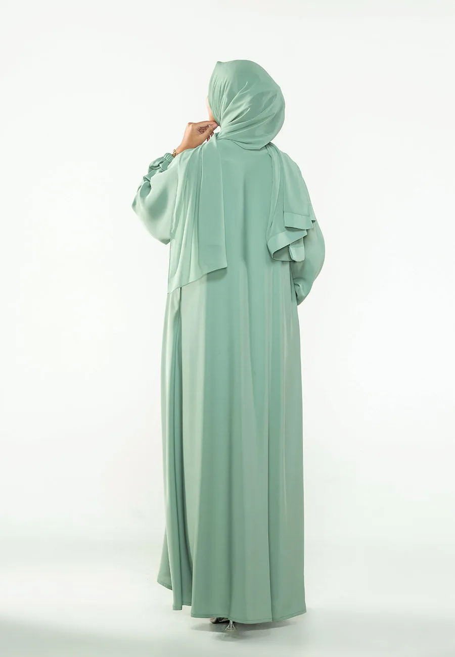 Sage Green Plain Open Abaya With Elasticated Cuff Sleeves (Premium)