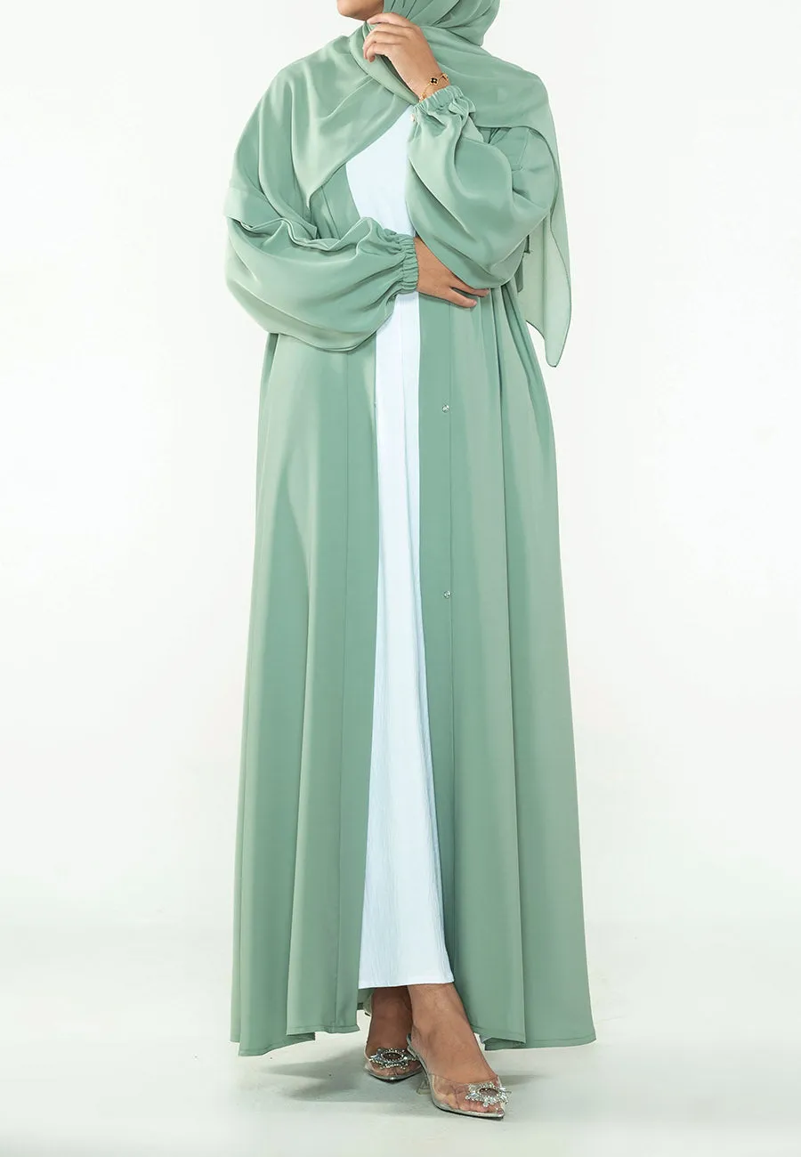 Sage Green Plain Open Abaya With Elasticated Cuff Sleeves (Premium)