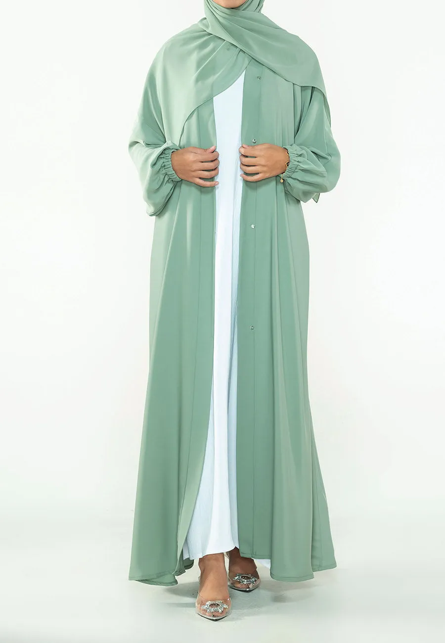 Sage Green Plain Open Abaya With Elasticated Cuff Sleeves (Premium)