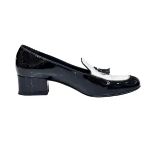 Saint Laurent Black White Patent Leather Tassel Loafers, 38