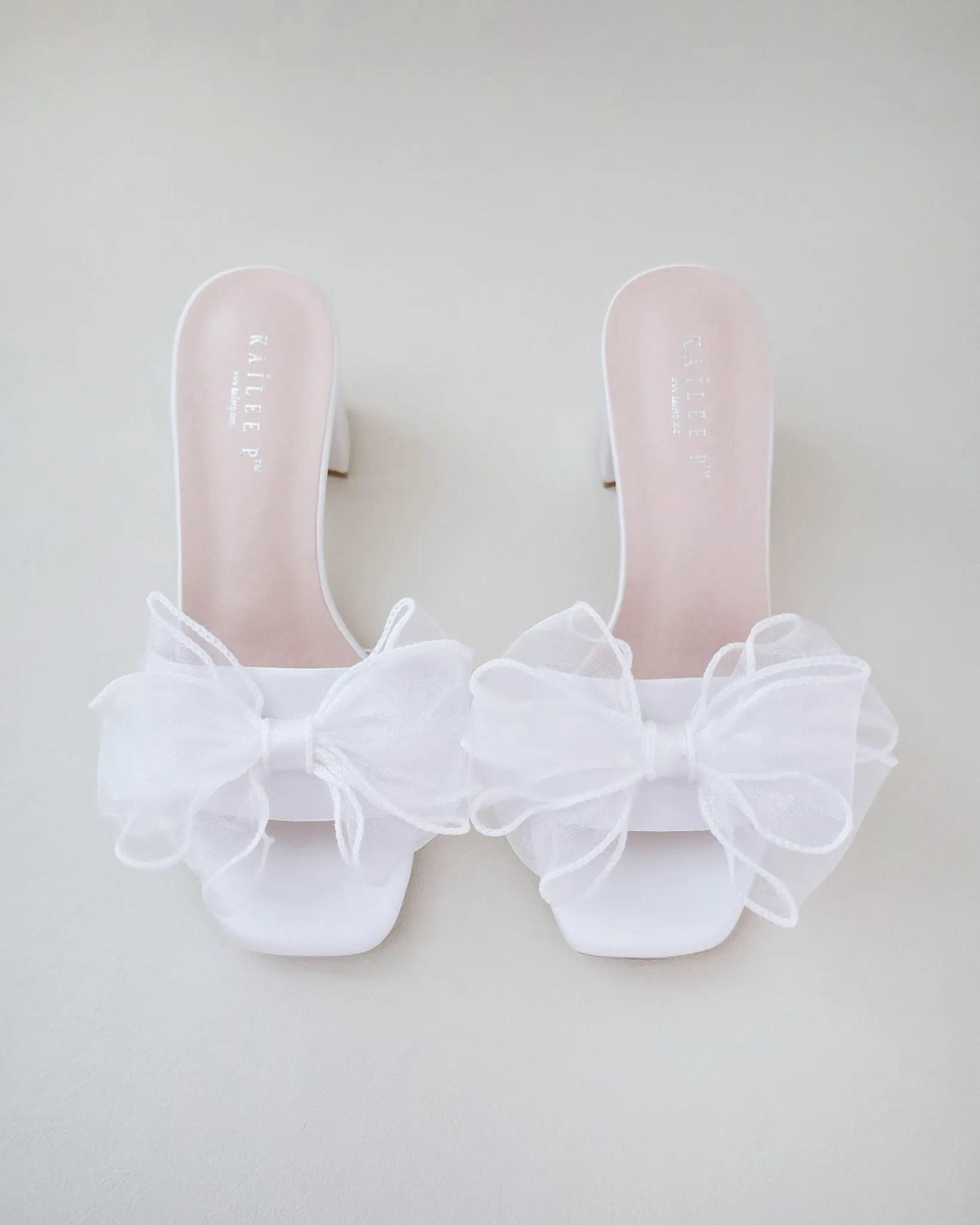 Satin Block Heels Wedding Slide Sandals with Layered Organza Bow