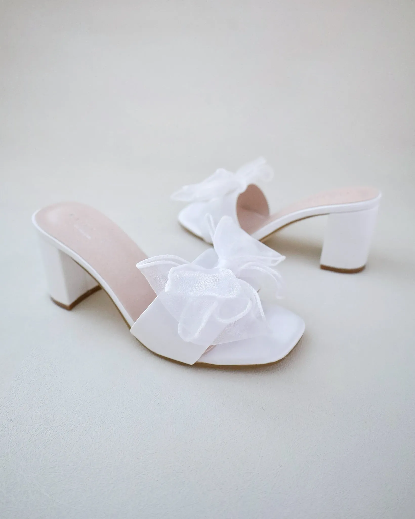 Satin Block Heels Wedding Slide Sandals with Layered Organza Bow