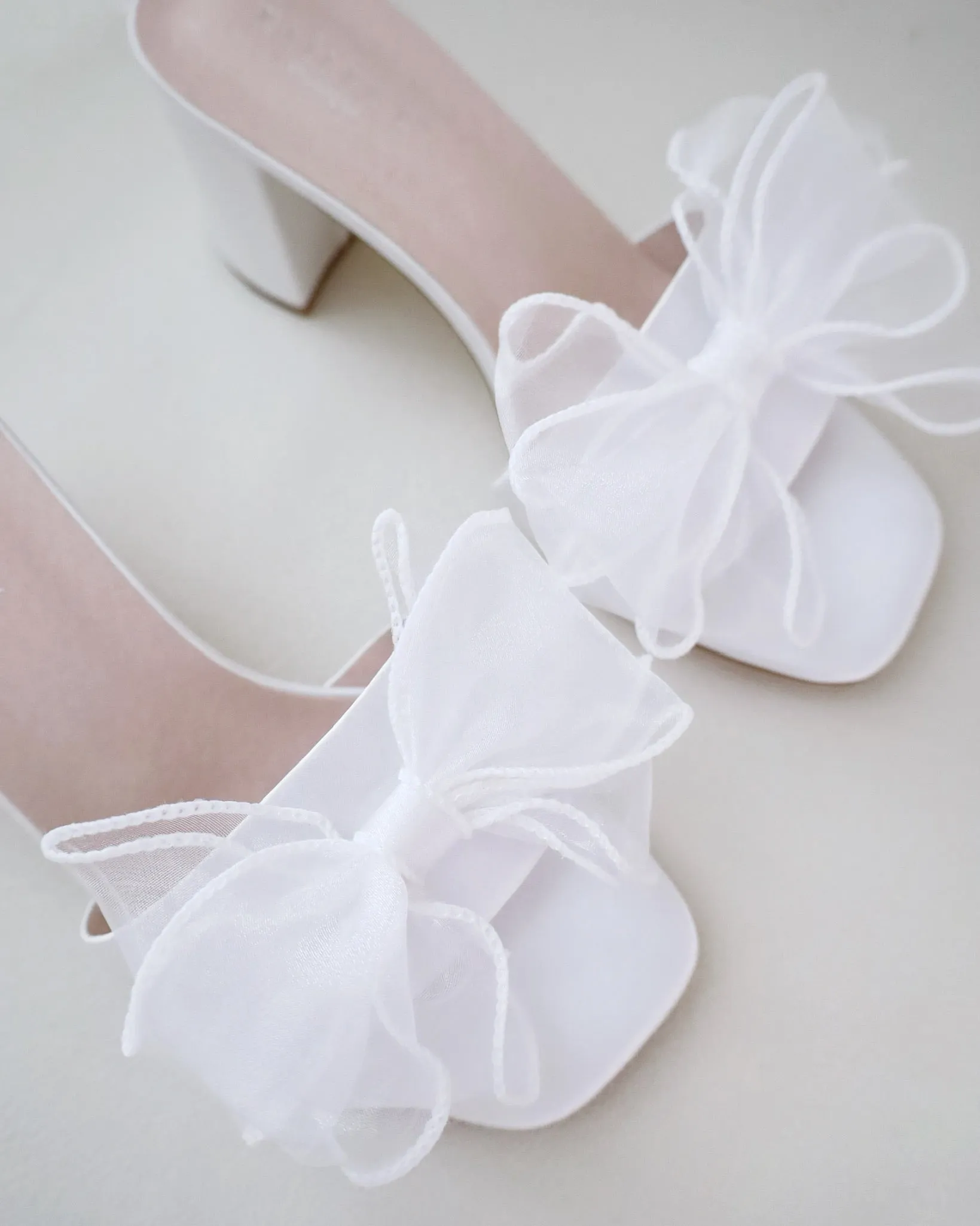 Satin Block Heels Wedding Slide Sandals with Layered Organza Bow