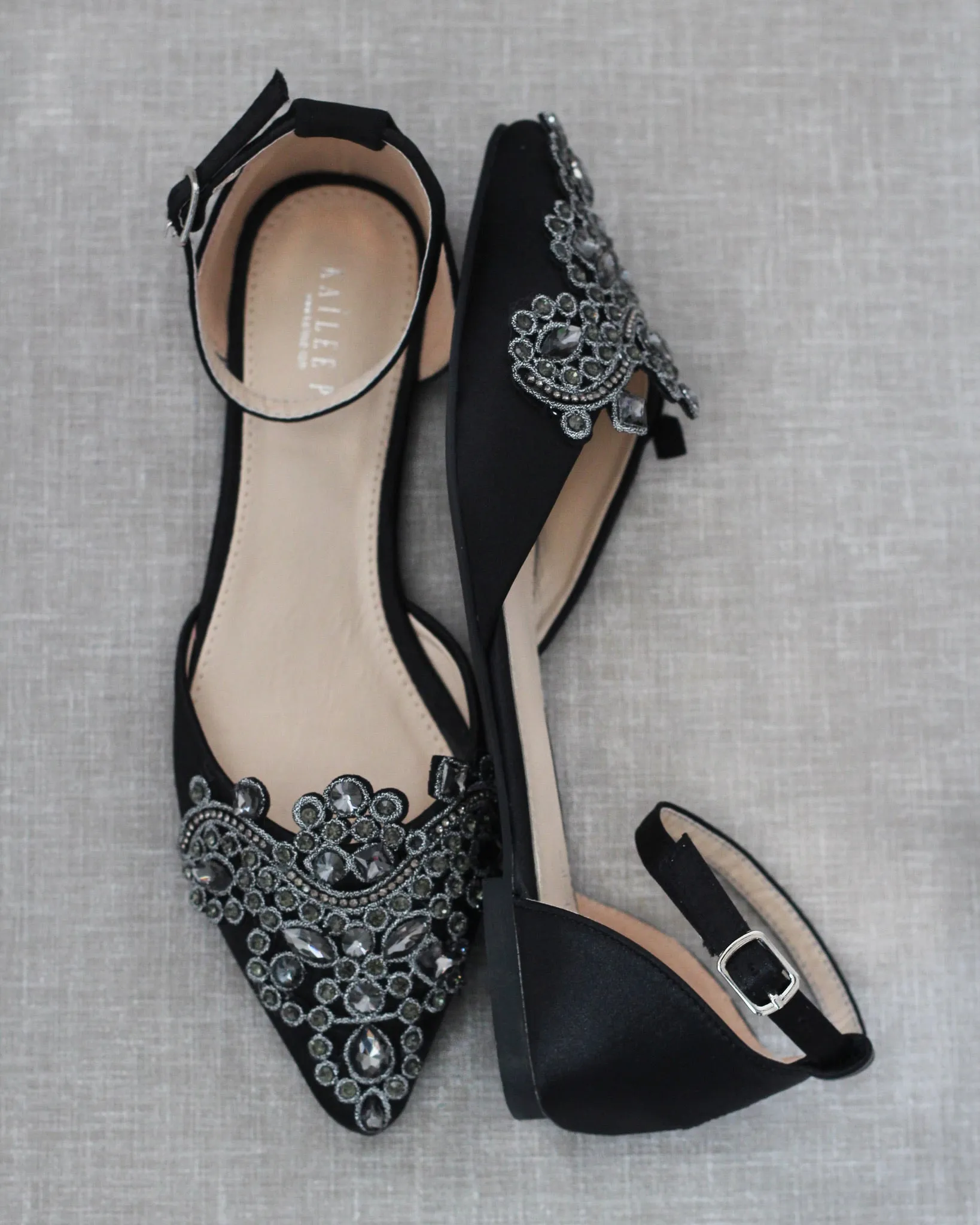 Satin Pointy Toe Flats with Oversized Rhinestones Applique Embellishments