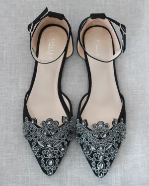 Satin Pointy Toe Flats with Oversized Rhinestones Applique Embellishments