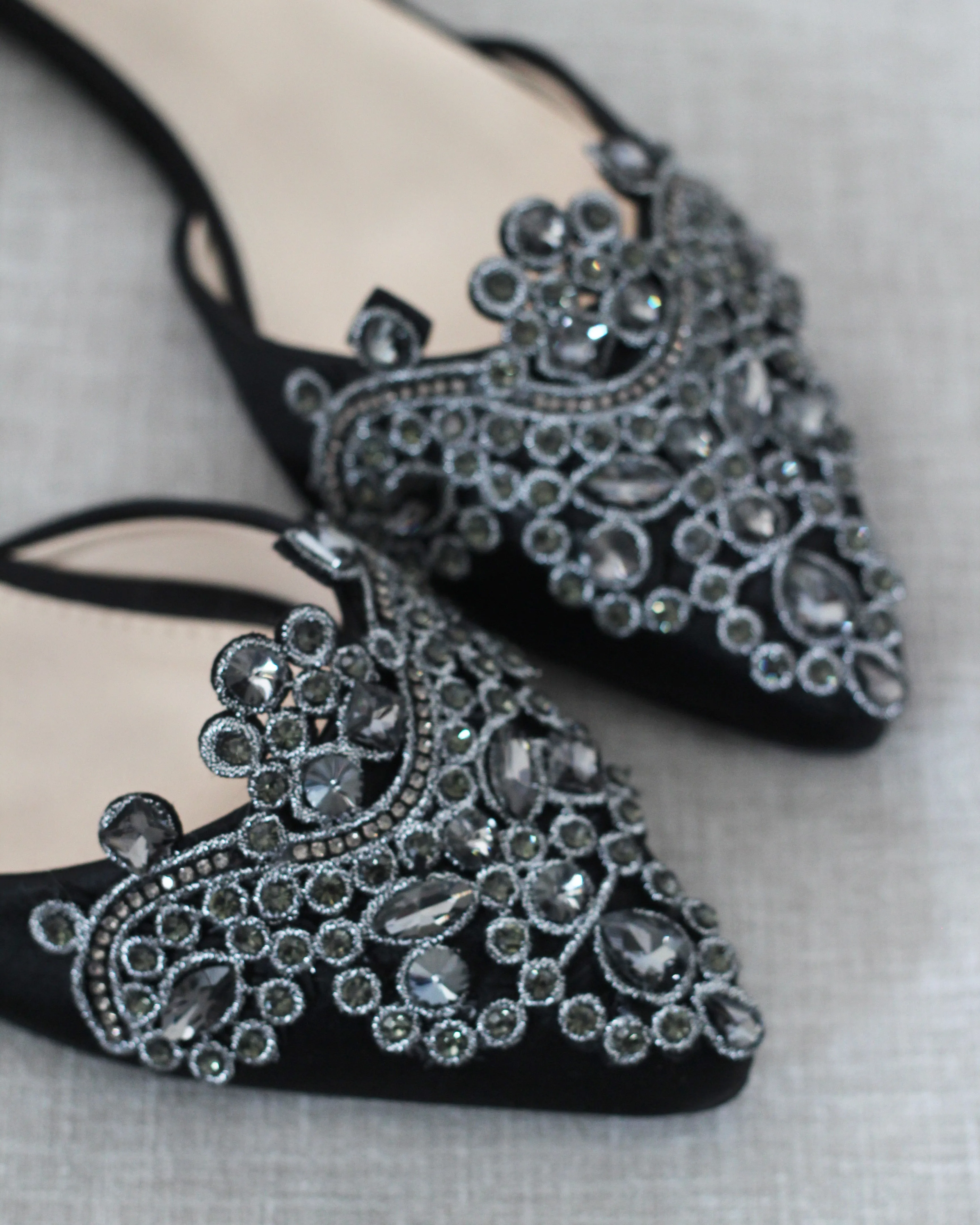 Satin Pointy Toe Flats with Oversized Rhinestones Applique Embellishments
