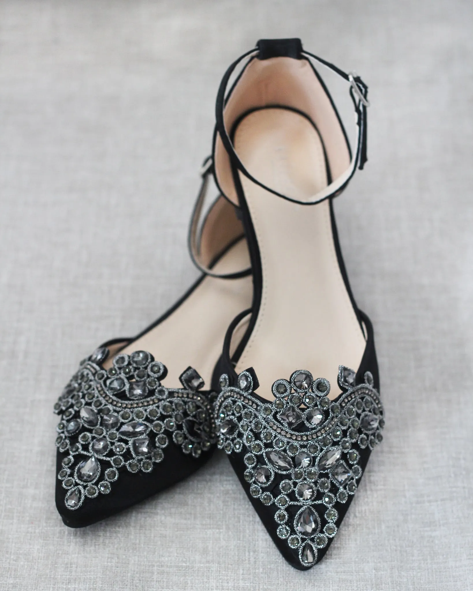 Satin Pointy Toe Flats with Oversized Rhinestones Applique Embellishments