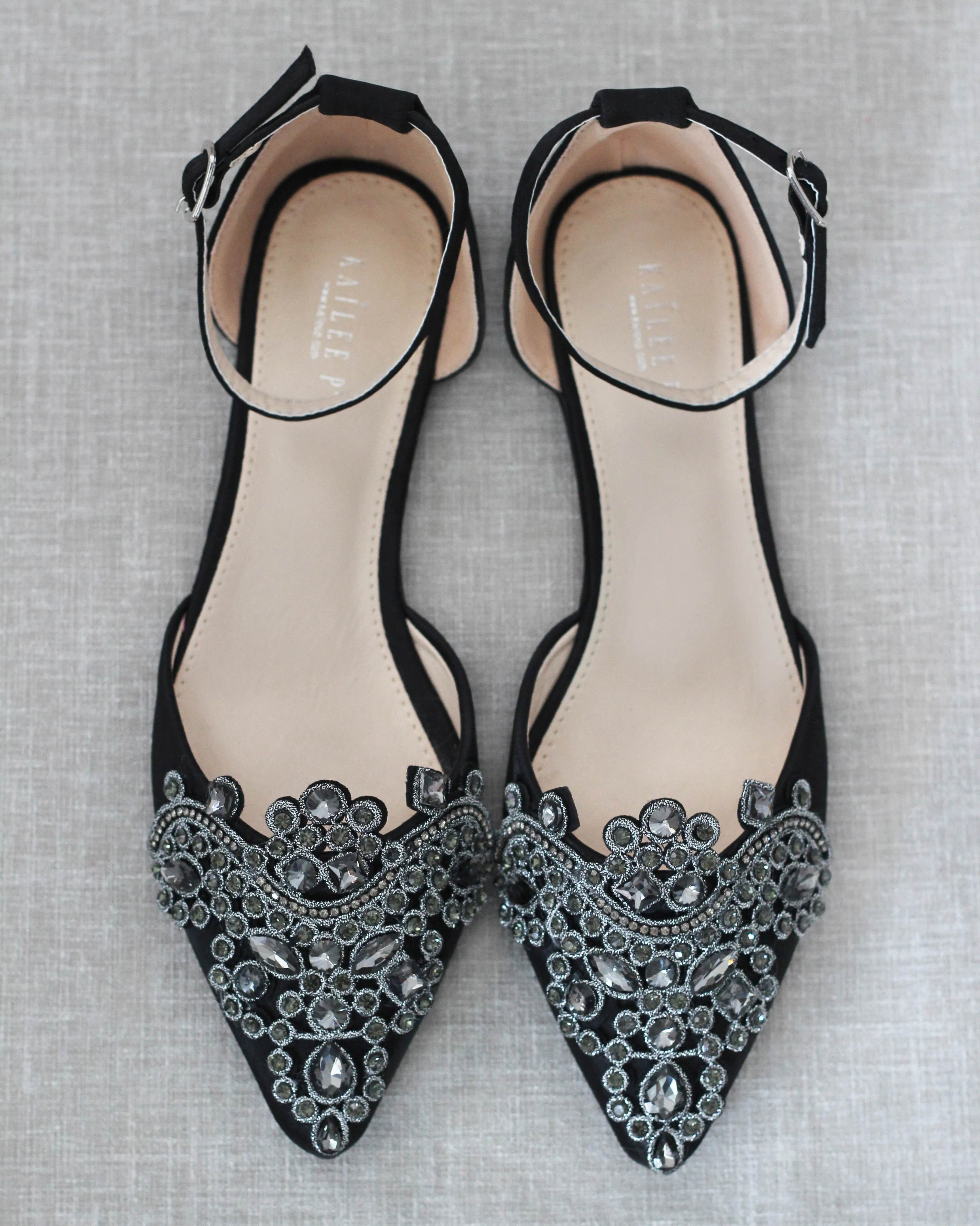 Satin Pointy Toe Flats with Oversized Rhinestones Applique Embellishments