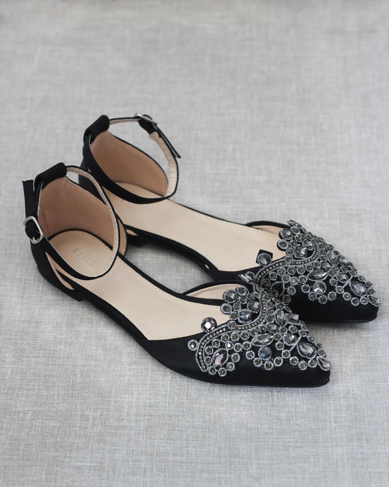 Satin Pointy Toe Flats with Oversized Rhinestones Applique Embellishments