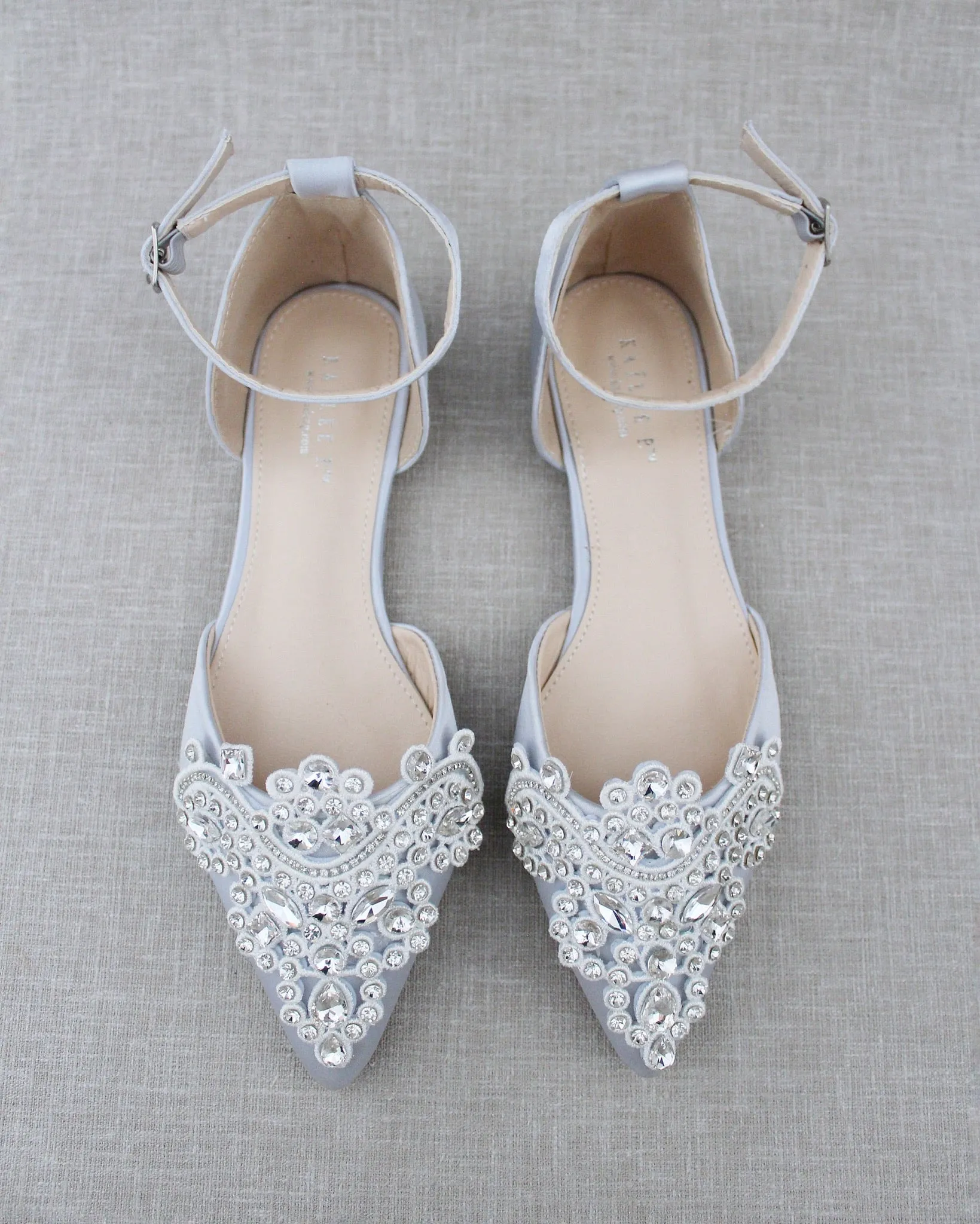 Satin Pointy Toe Flats with Rhinestones Applique Embellishments