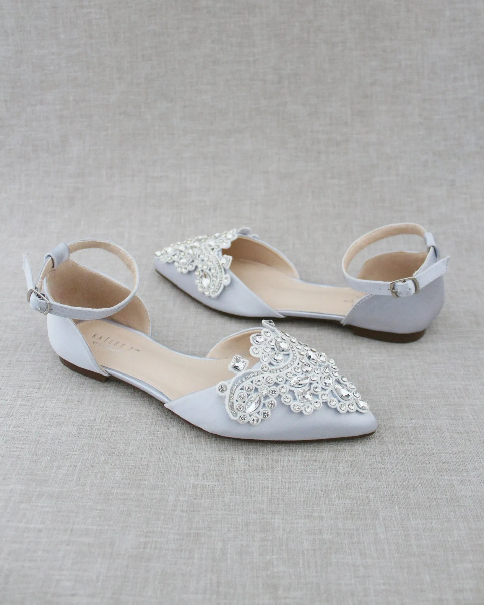 Satin Pointy Toe Flats with Rhinestones Applique Embellishments