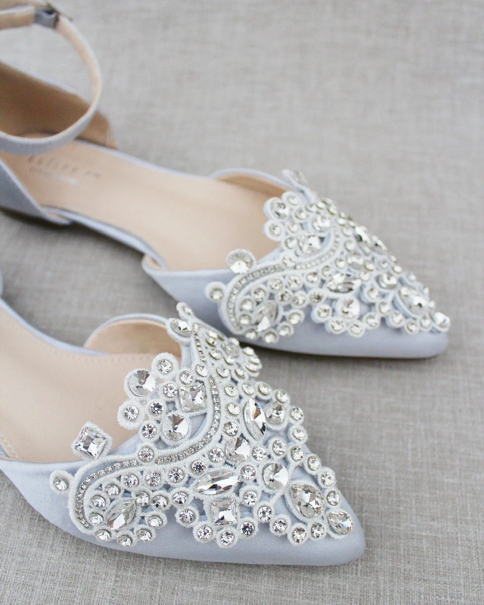 Satin Pointy Toe Flats with Rhinestones Applique Embellishments