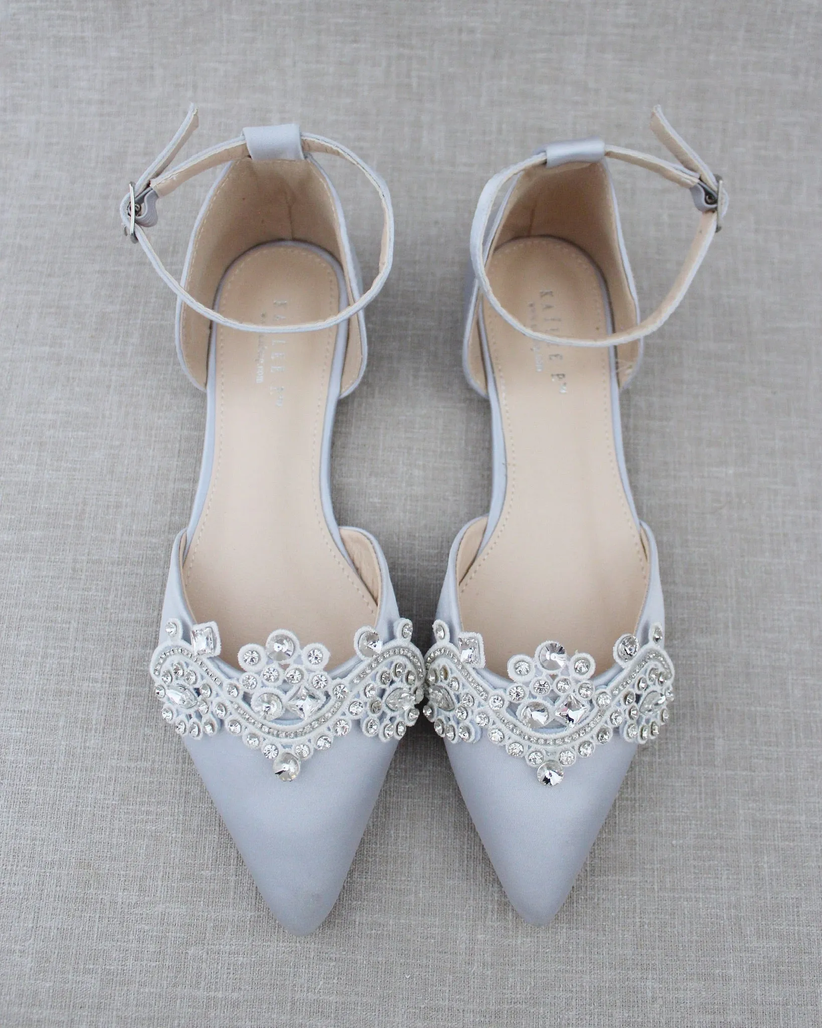 Satin Pointy Toe Flats with Rhinestones Applique Embellishments
