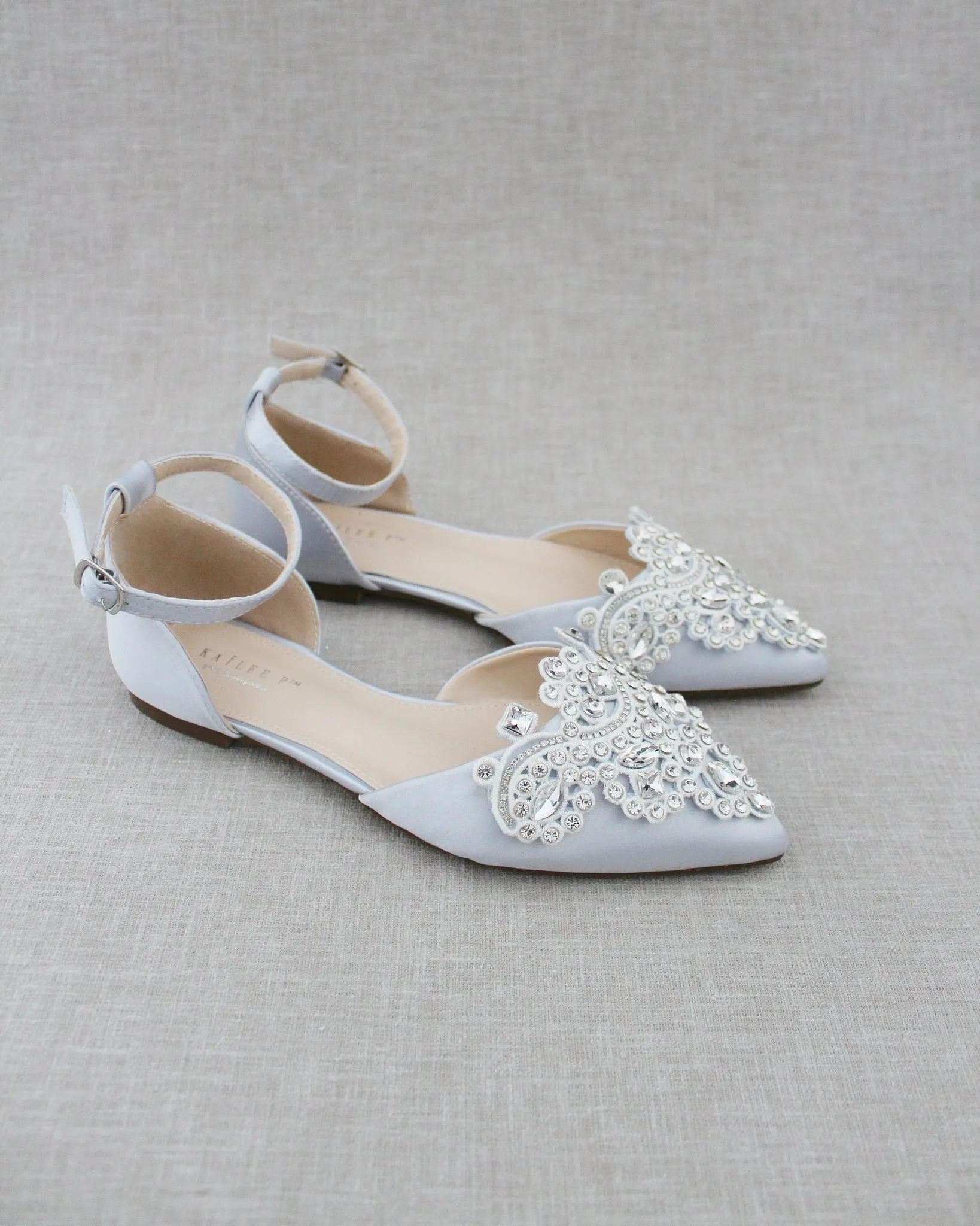 Satin Pointy Toe Flats with Rhinestones Applique Embellishments