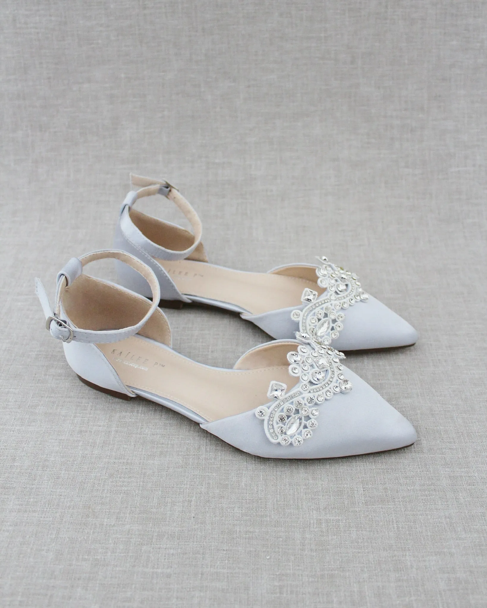Satin Pointy Toe Flats with Rhinestones Applique Embellishments