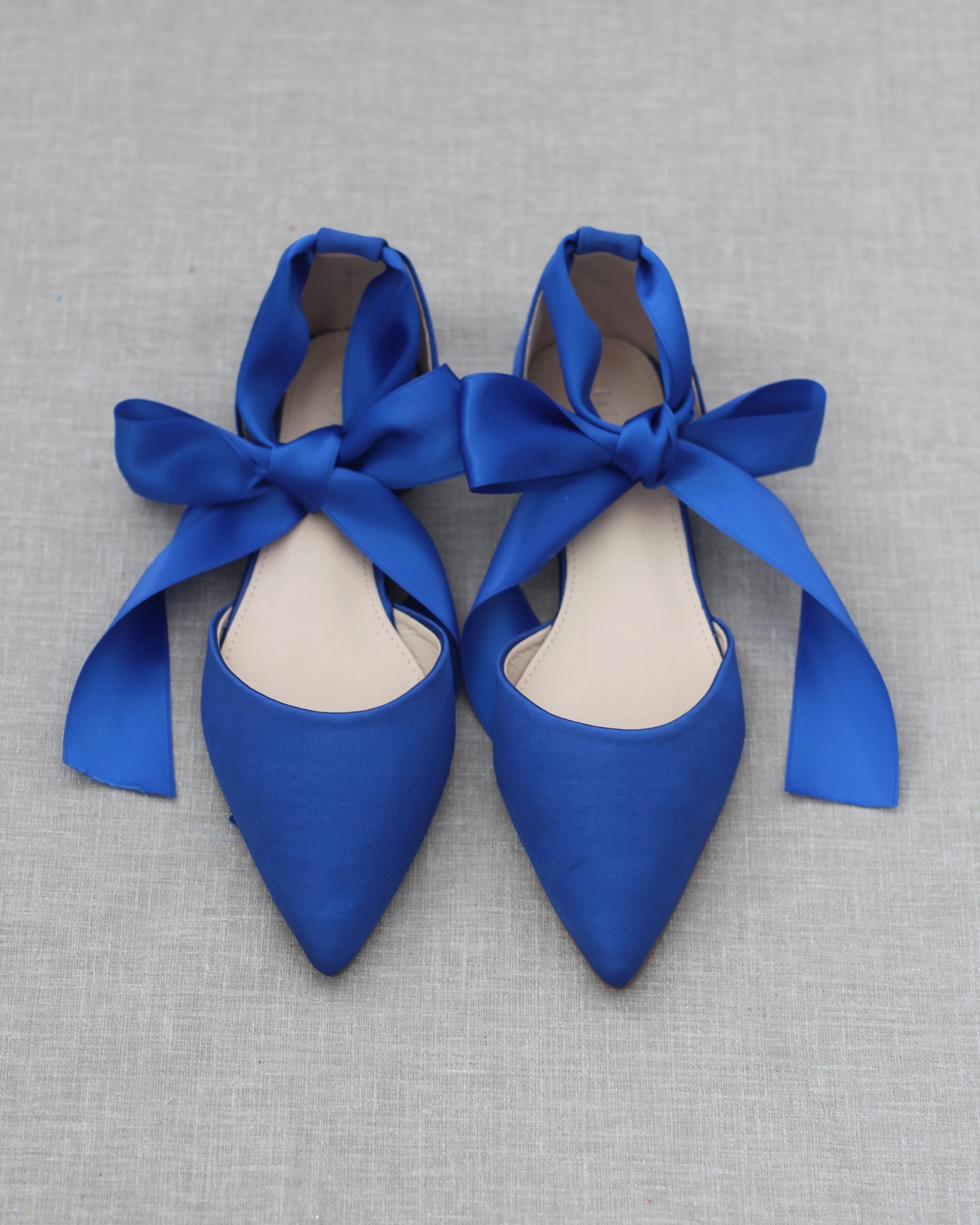 Satin Pointy Toe Flats with Satin Ankle Tie or Ballerina Lace Up