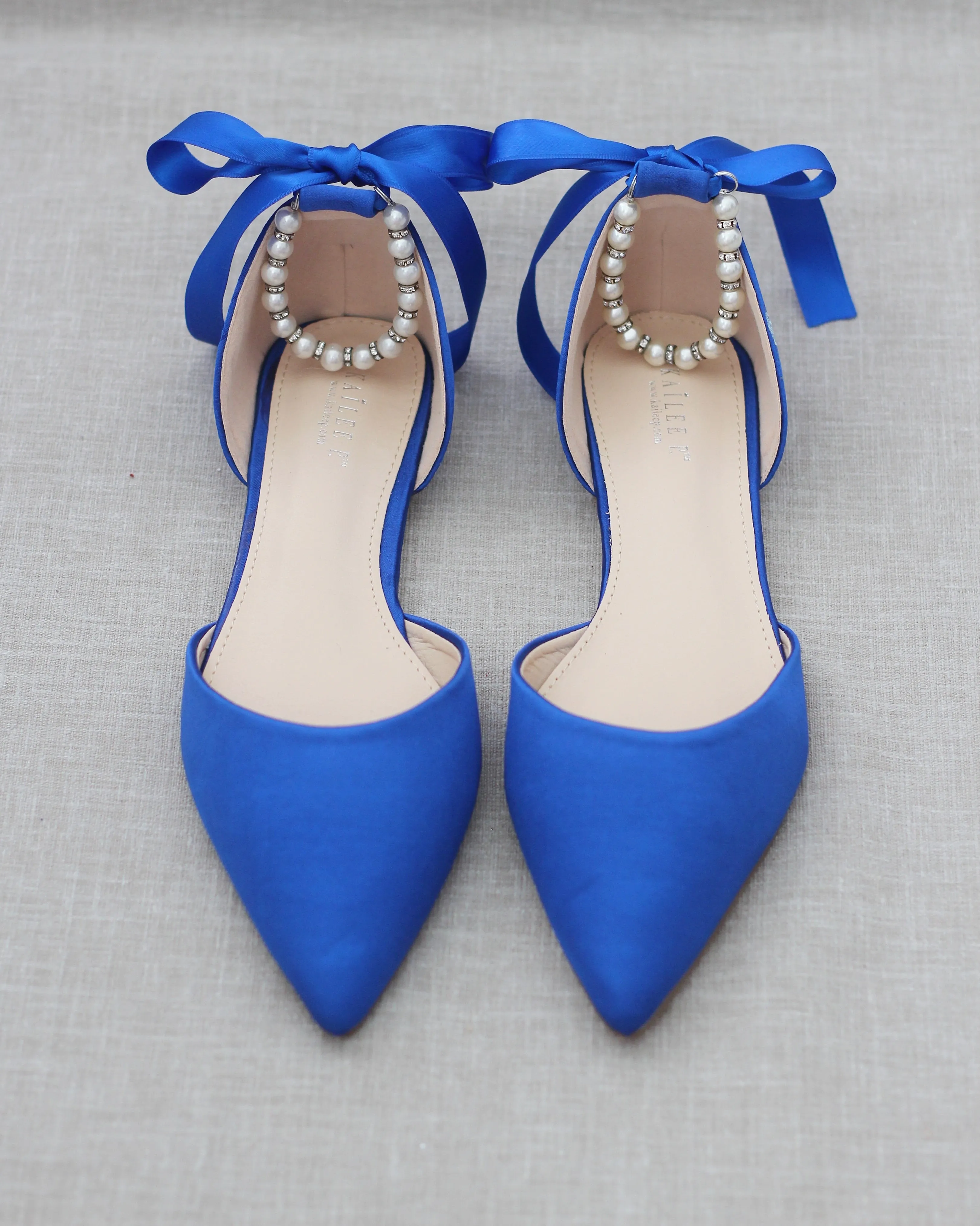 Satin Pointy Toe Flats with Satin Ankle Tie or Ballerina Lace Up