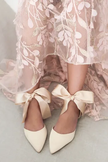 Satin Pointy Toe Flats with Satin Ankle Tie or Ballerina Lace Up