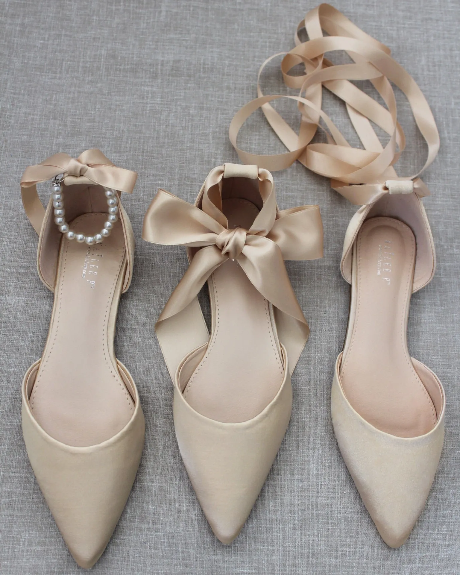 Satin Pointy Toe Flats with Satin Ankle Tie or Ballerina Lace Up