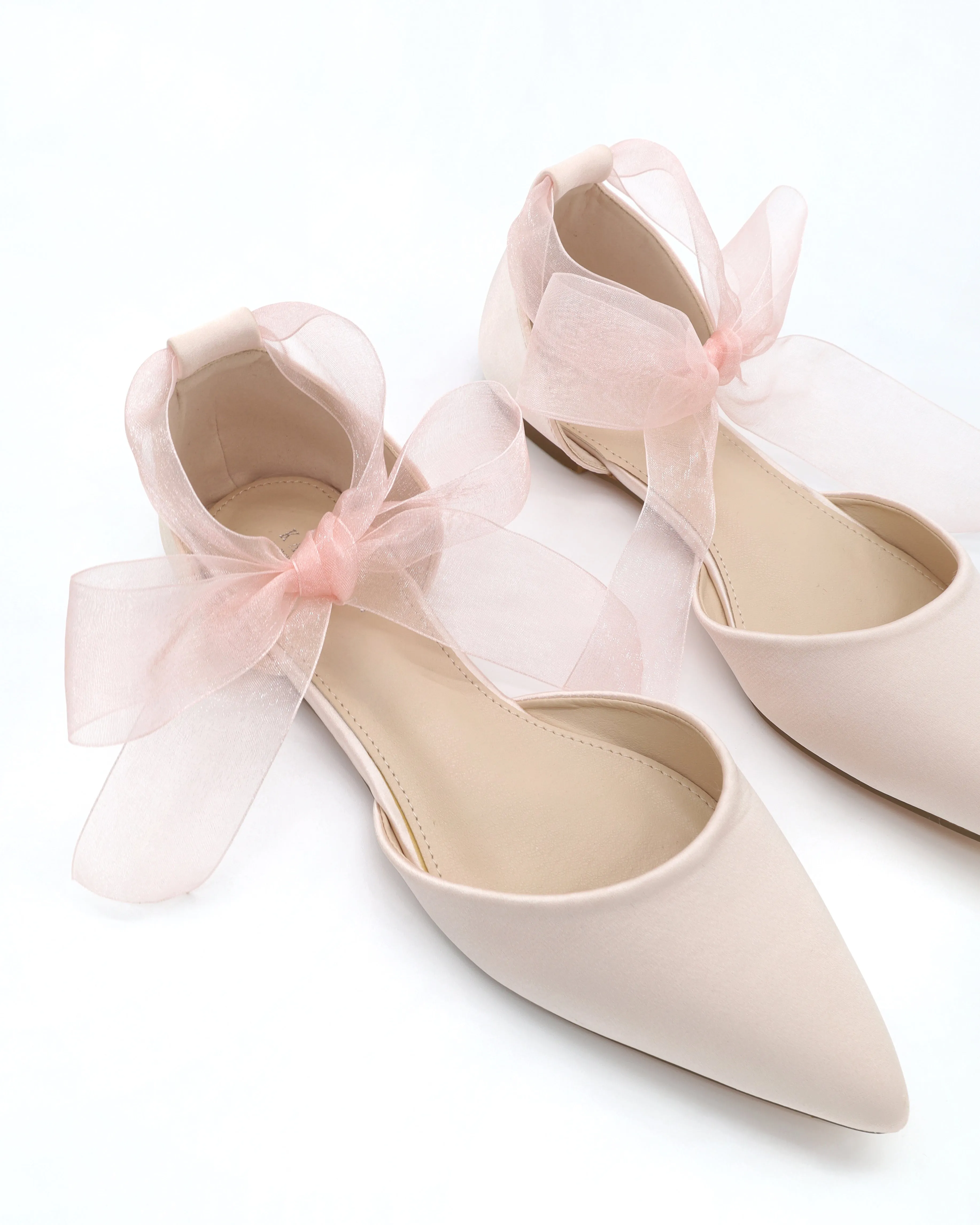 Satin Pointy Toe Flats with Satin Ankle Tie or Ballerina Lace Up
