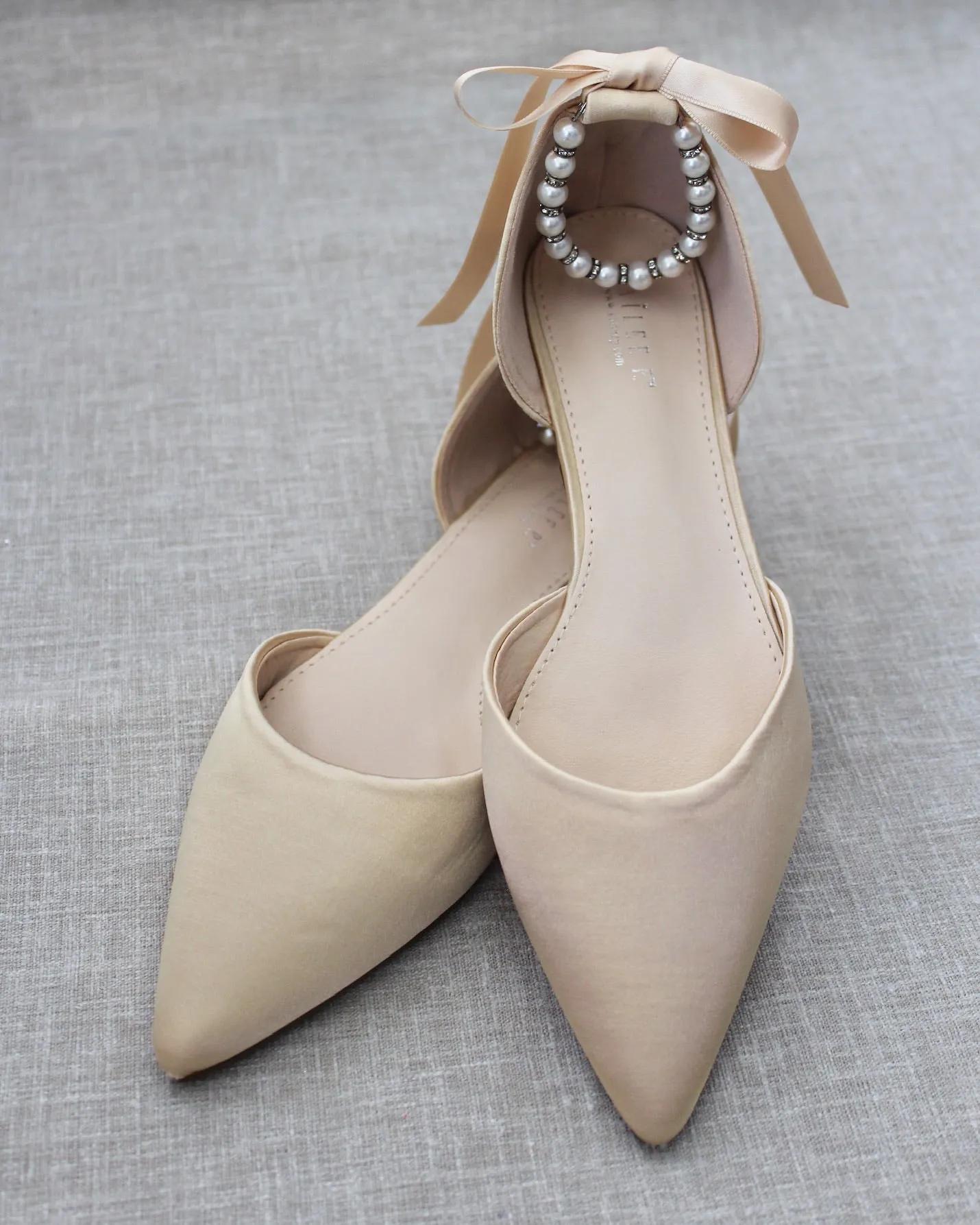 Satin Pointy Toe Flats with Satin Ankle Tie or Ballerina Lace Up