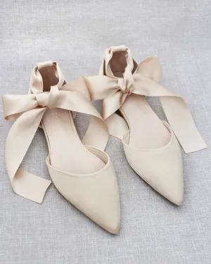 Satin Pointy Toe Flats with Satin Ankle Tie or Ballerina Lace Up