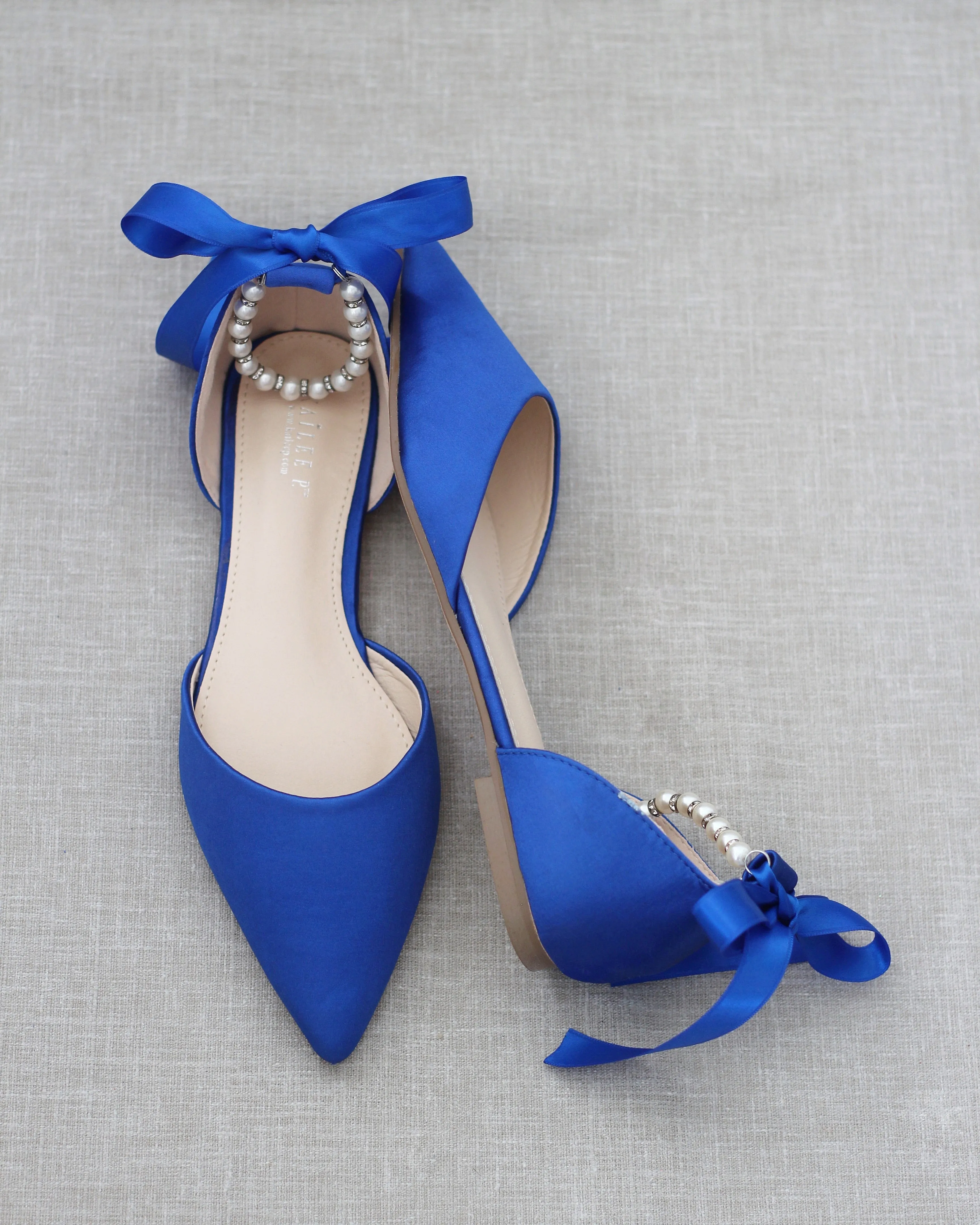 Satin Pointy Toe Flats with Satin Ankle Tie or Ballerina Lace Up