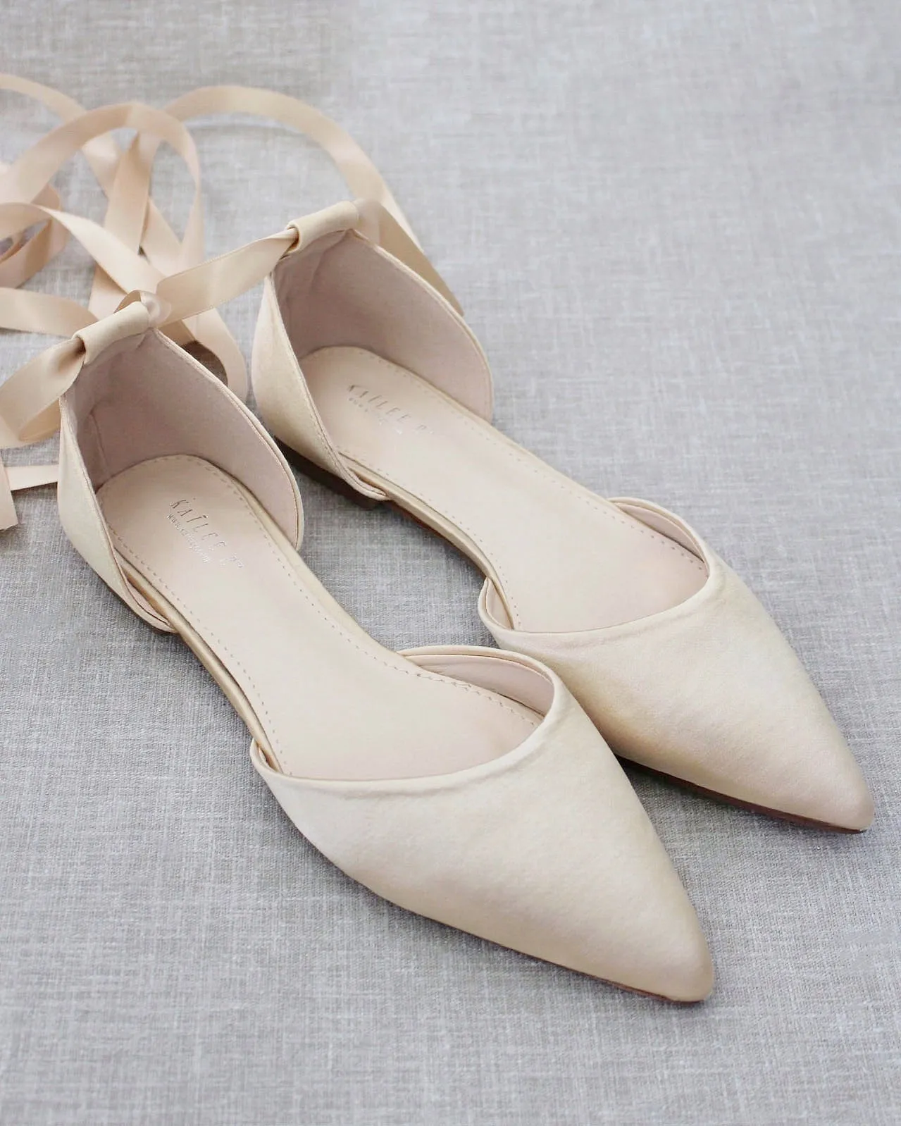 Satin Pointy Toe Flats with Satin Ankle Tie or Ballerina Lace Up