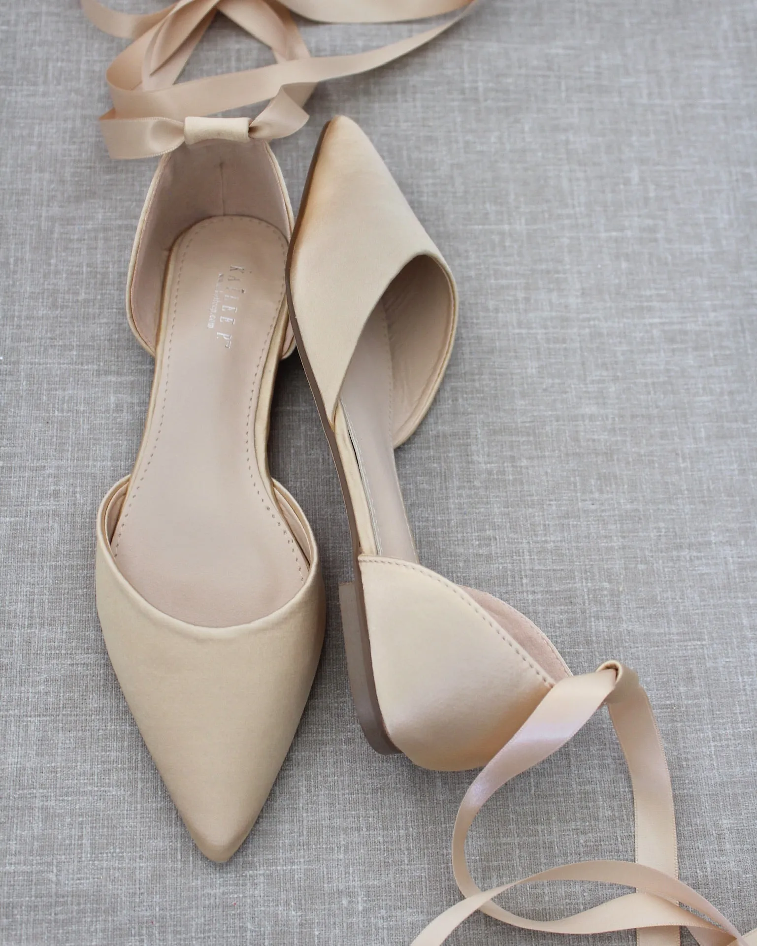 Satin Pointy Toe Flats with Satin Ankle Tie or Ballerina Lace Up