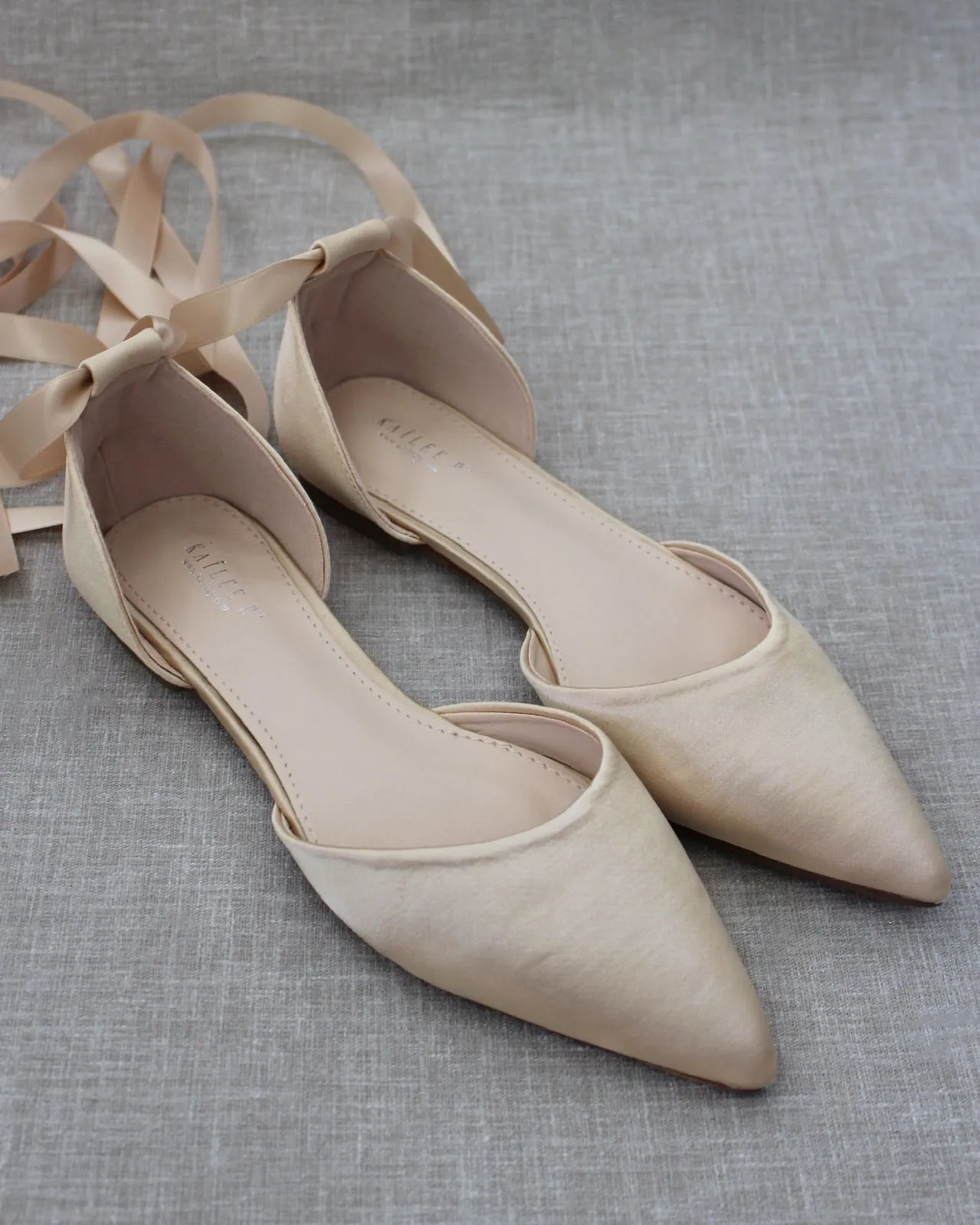 Satin Pointy Toe Flats with Satin Ankle Tie or Ballerina Lace Up