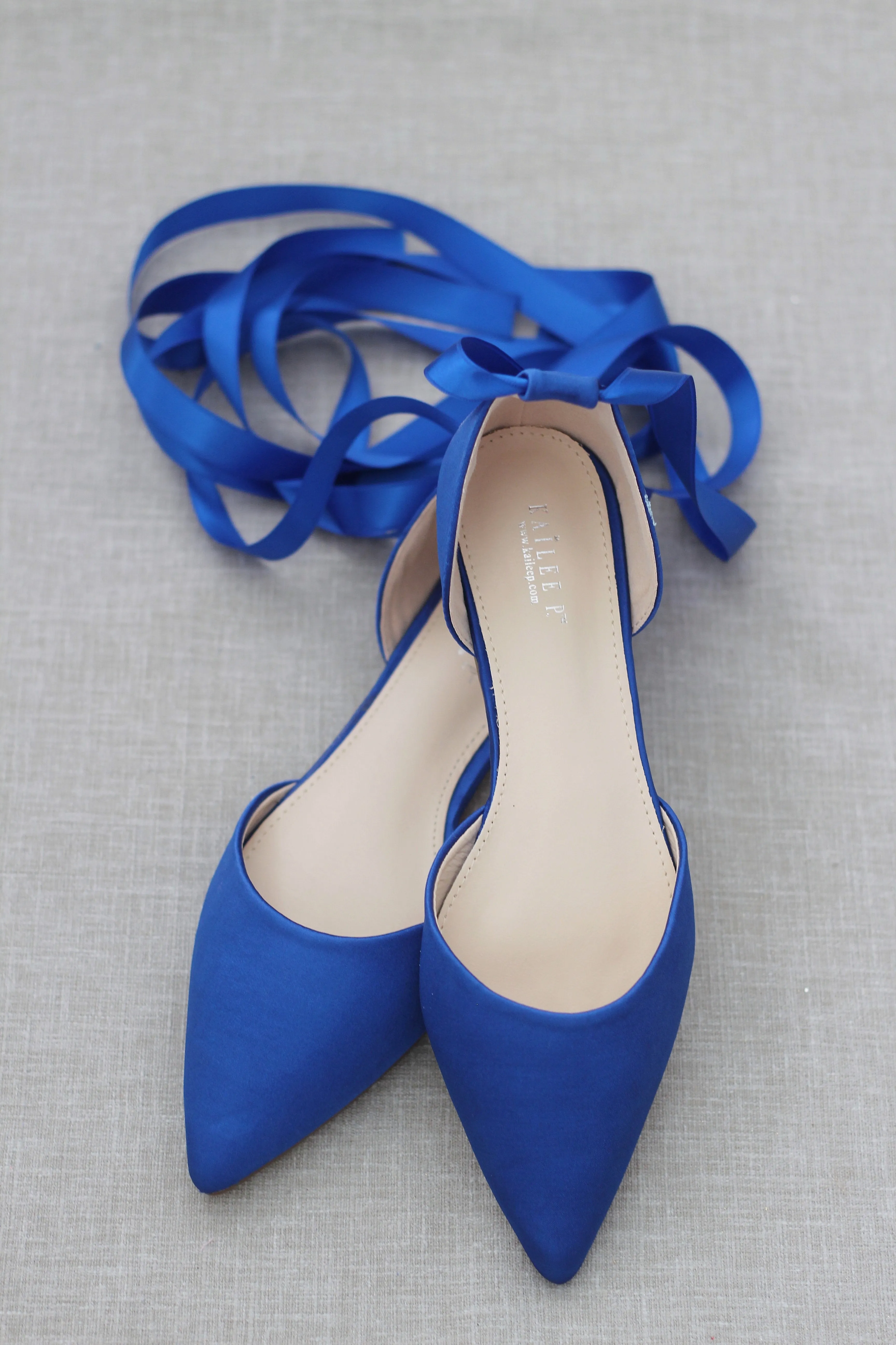 Satin Pointy Toe Flats with Satin Ankle Tie or Ballerina Lace Up