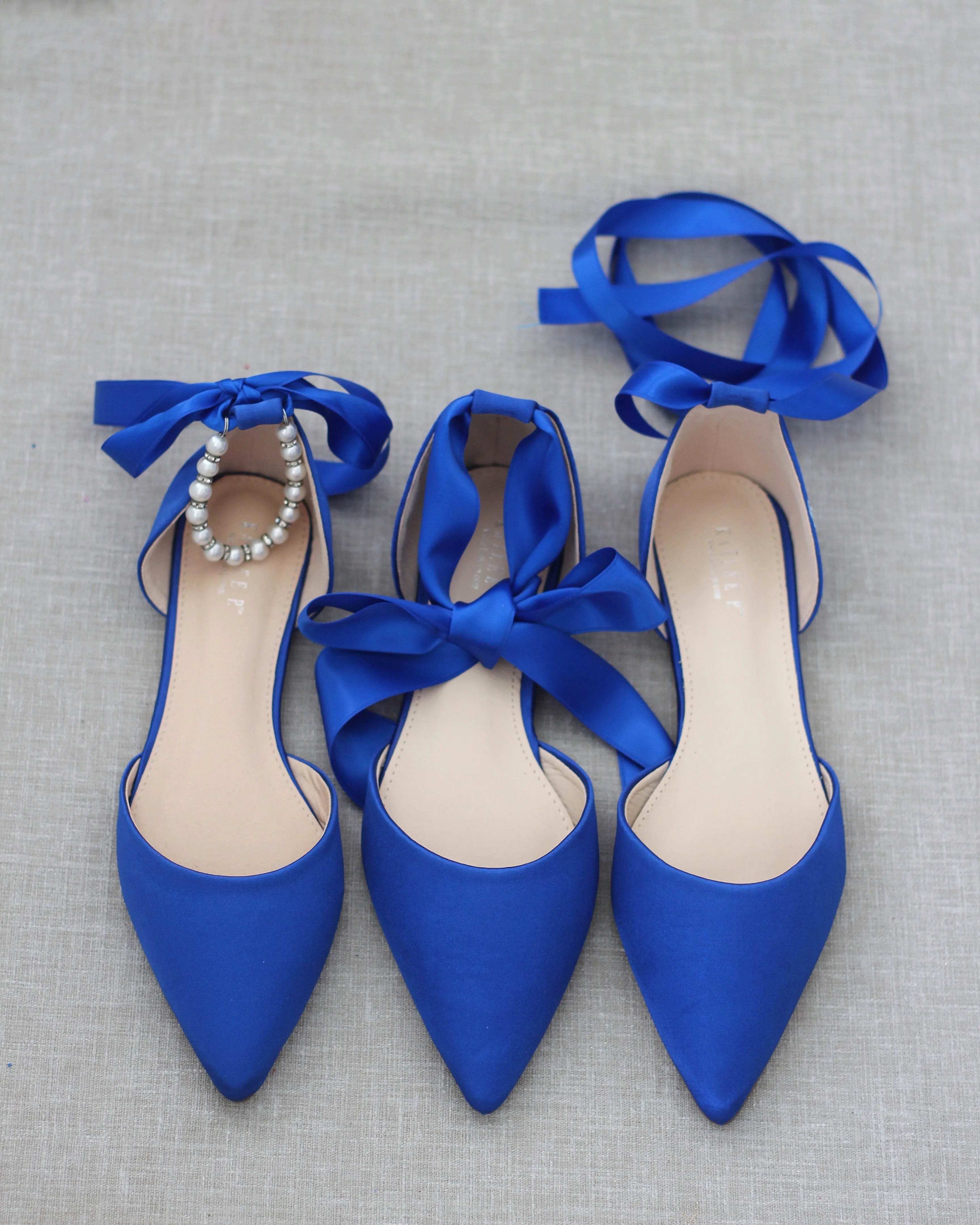 Satin Pointy Toe Flats with Satin Ankle Tie or Ballerina Lace Up