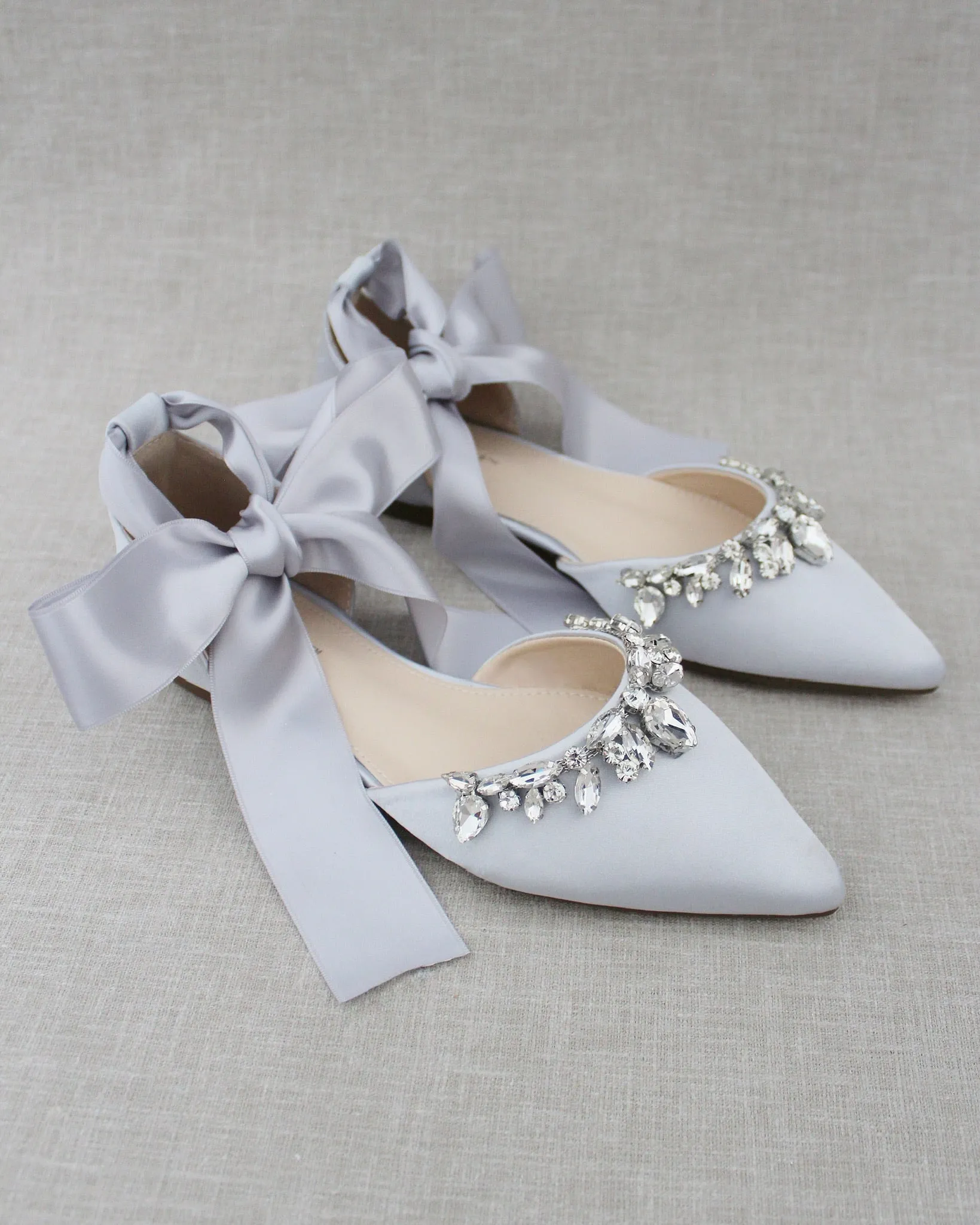 Satin Pointy Toe Flats with Teardrop Rhinestones Embellishments