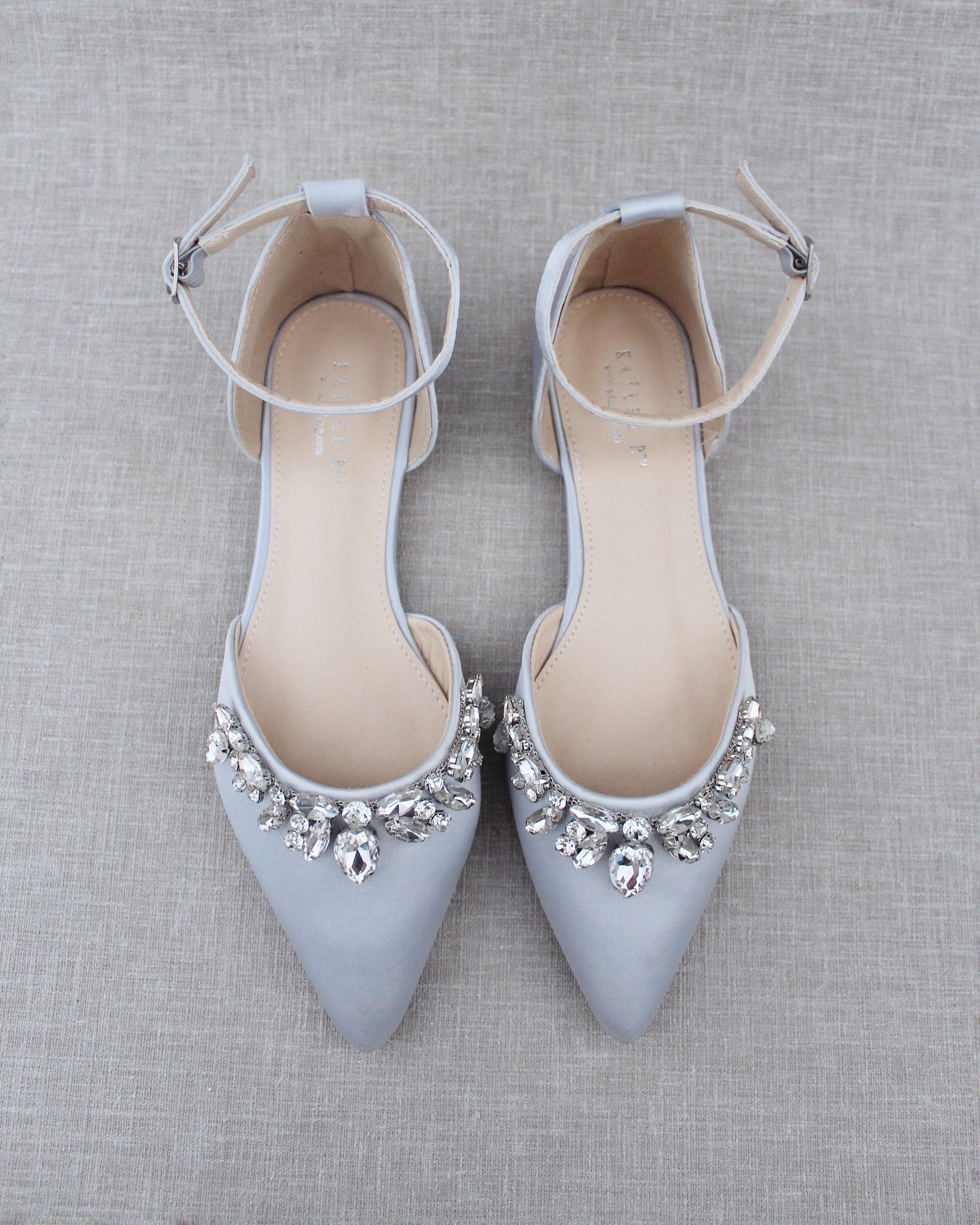 Satin Pointy Toe Flats with Teardrop Rhinestones Embellishments