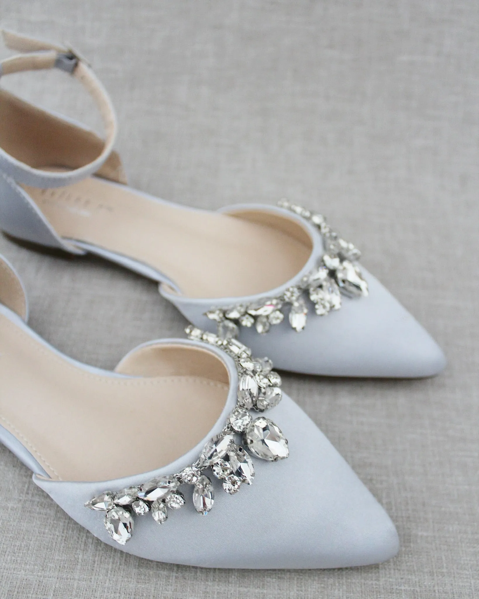 Satin Pointy Toe Flats with Teardrop Rhinestones Embellishments