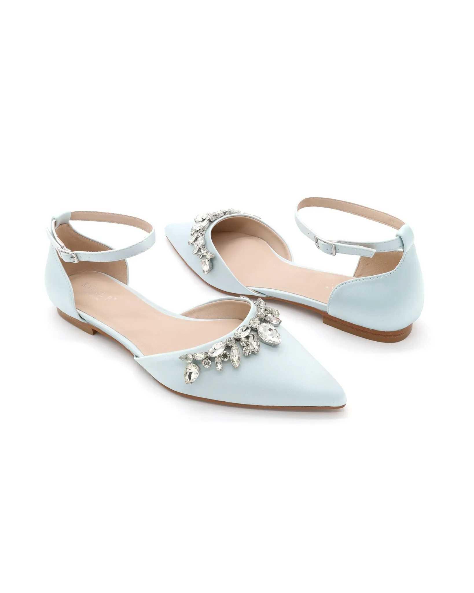 Satin Pointy Toe Flats with Teardrop Rhinestones Embellishments