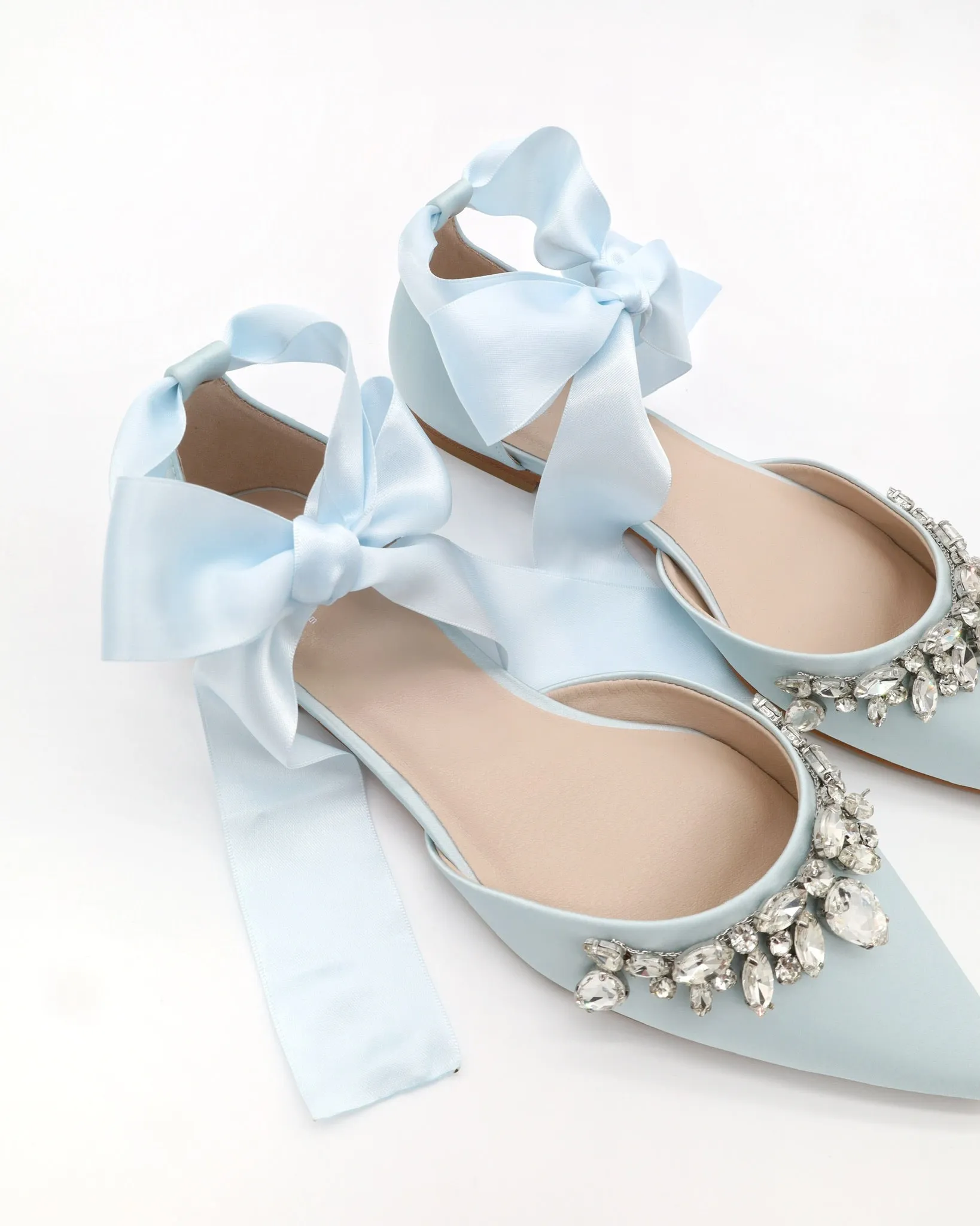 Satin Pointy Toe Flats with Teardrop Rhinestones Embellishments
