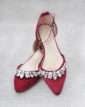 Satin Pointy Toe Flats with Teardrop Rhinestones Embellishments