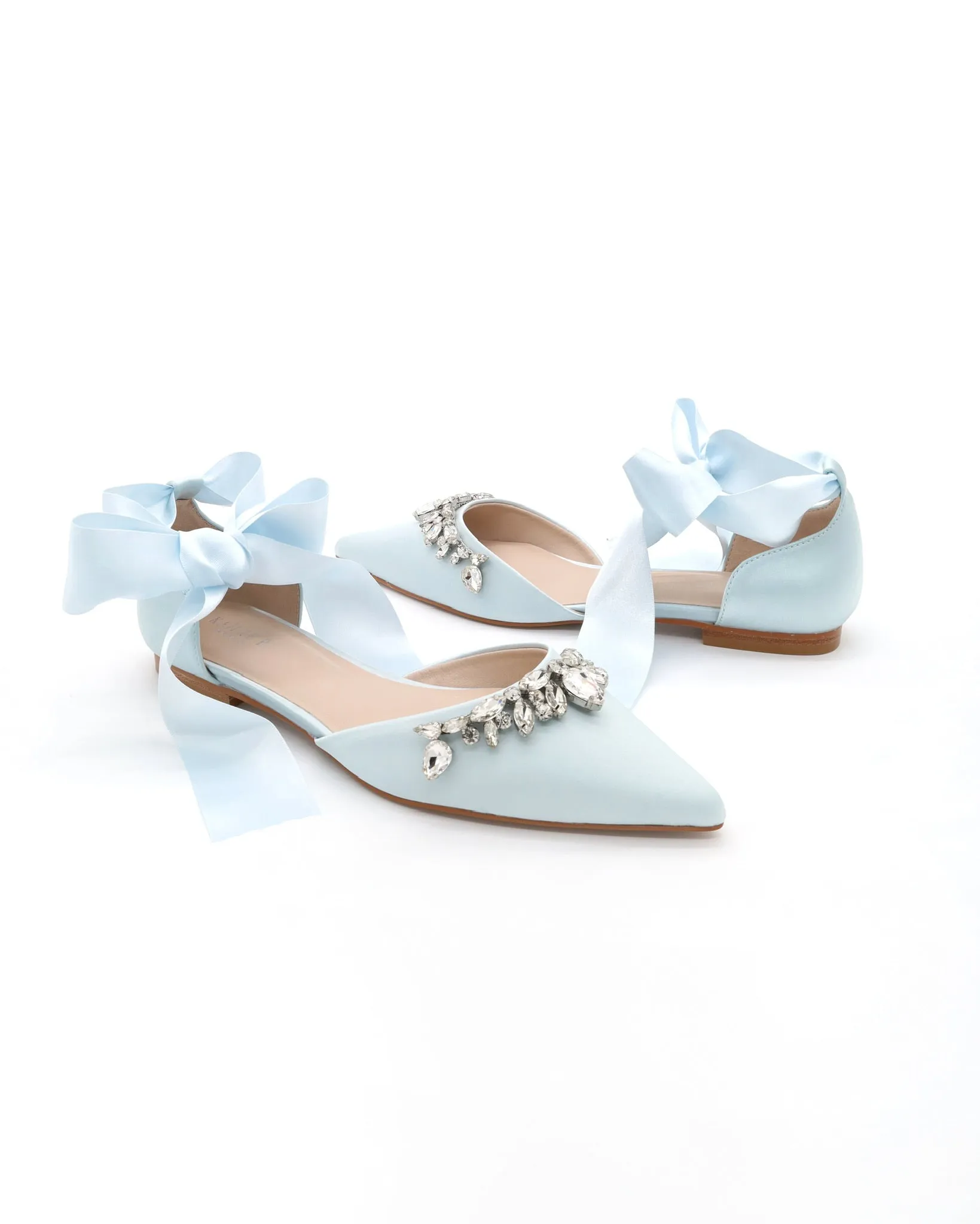 Satin Pointy Toe Flats with Teardrop Rhinestones Embellishments
