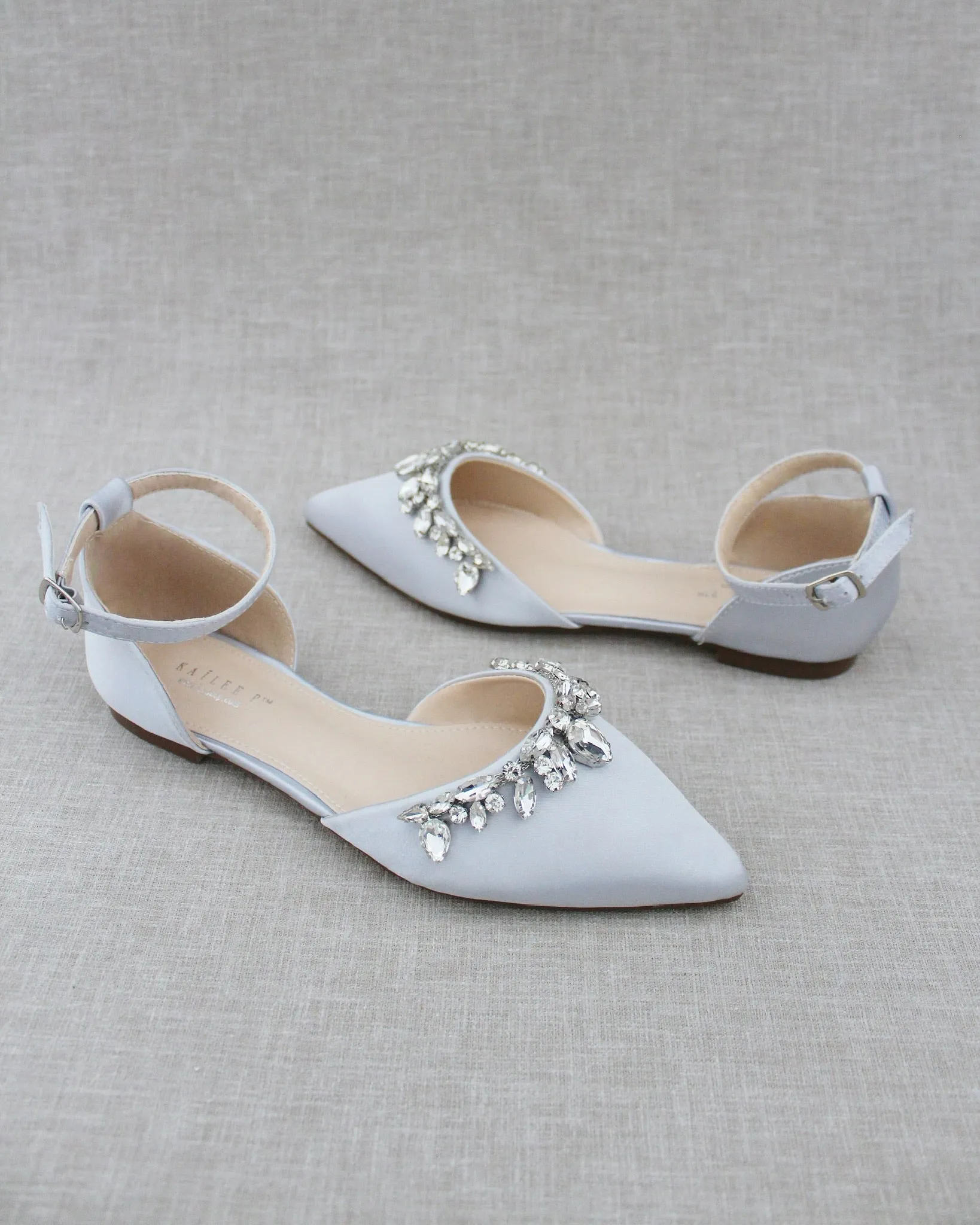 Satin Pointy Toe Flats with Teardrop Rhinestones Embellishments