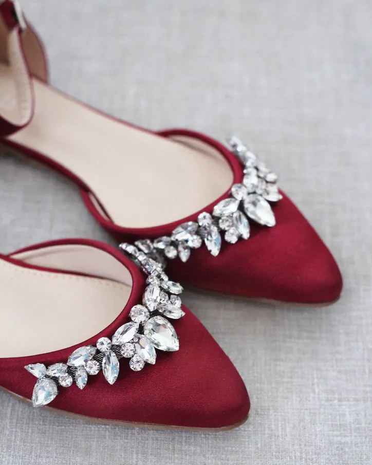 Satin Pointy Toe Flats with Teardrop Rhinestones Embellishments