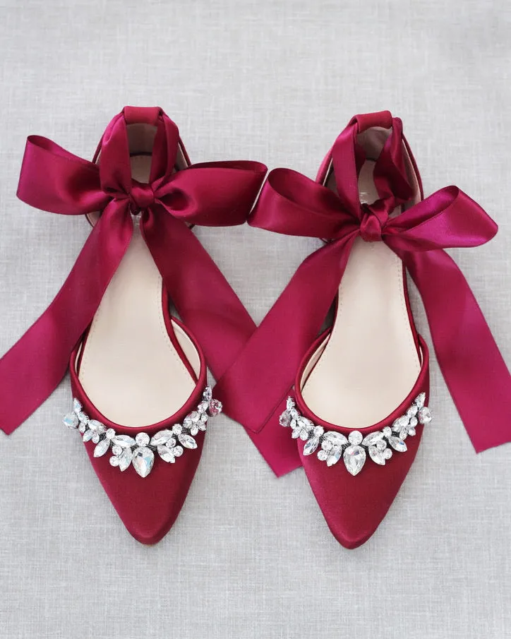 Satin Pointy Toe Flats with Teardrop Rhinestones Embellishments