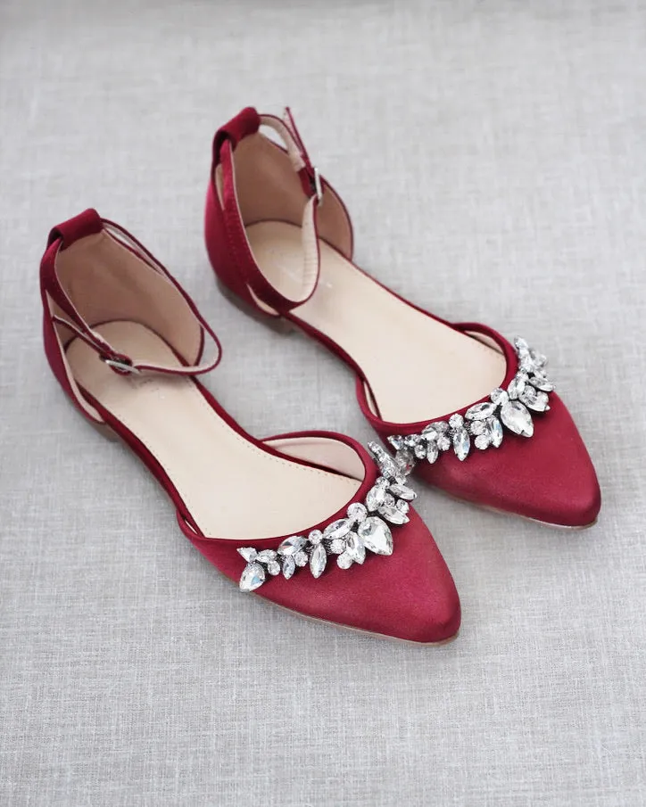 Satin Pointy Toe Flats with Teardrop Rhinestones Embellishments