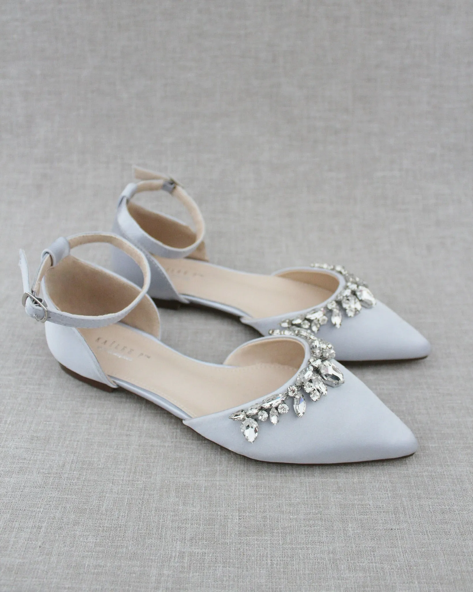 Satin Pointy Toe Flats with Teardrop Rhinestones Embellishments