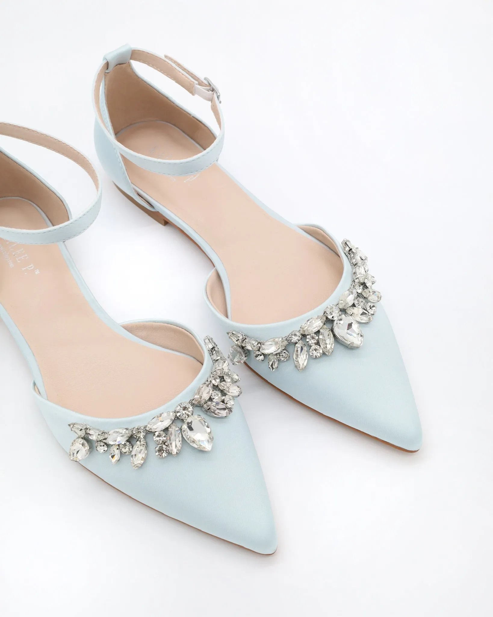 Satin Pointy Toe Flats with Teardrop Rhinestones Embellishments