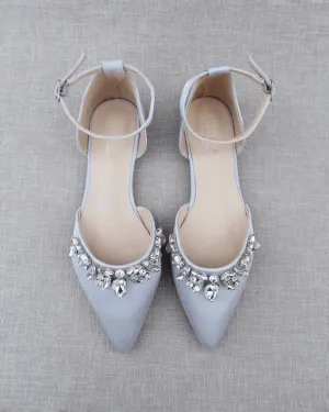Satin Pointy Toe Flats with Teardrop Rhinestones Embellishments